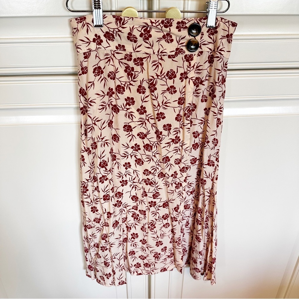 Anthropologie Cream Midi Skirt with Burgundy Floral Print